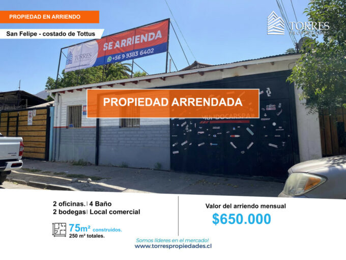 LOCAL COMERCIAL ARRENDADO – NI DISPONIBLE Torres Propiedades arrienda Local comercial en San Felipe 250 m²